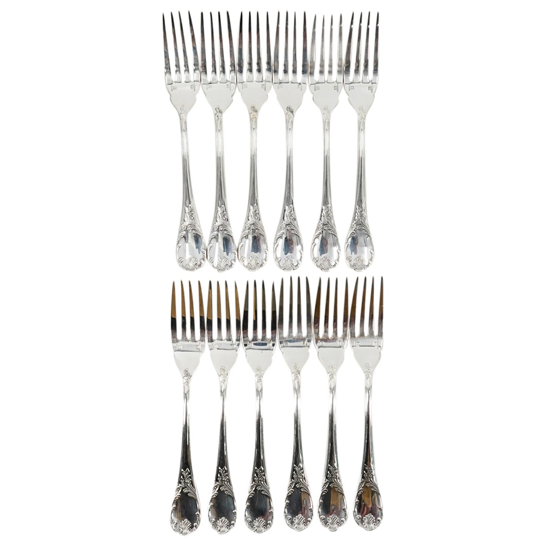 (12 Pc) Christofle Silver Plated "Marly" Solid Fish Forks Set (1 of 9)