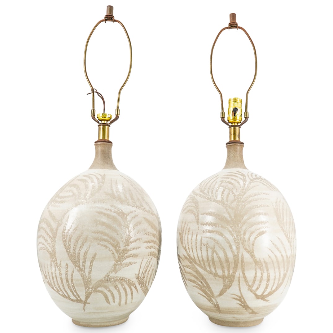 (2 Pc) Mid Century Glazed Pottery Stoneware Table Lamps (1 of 7)