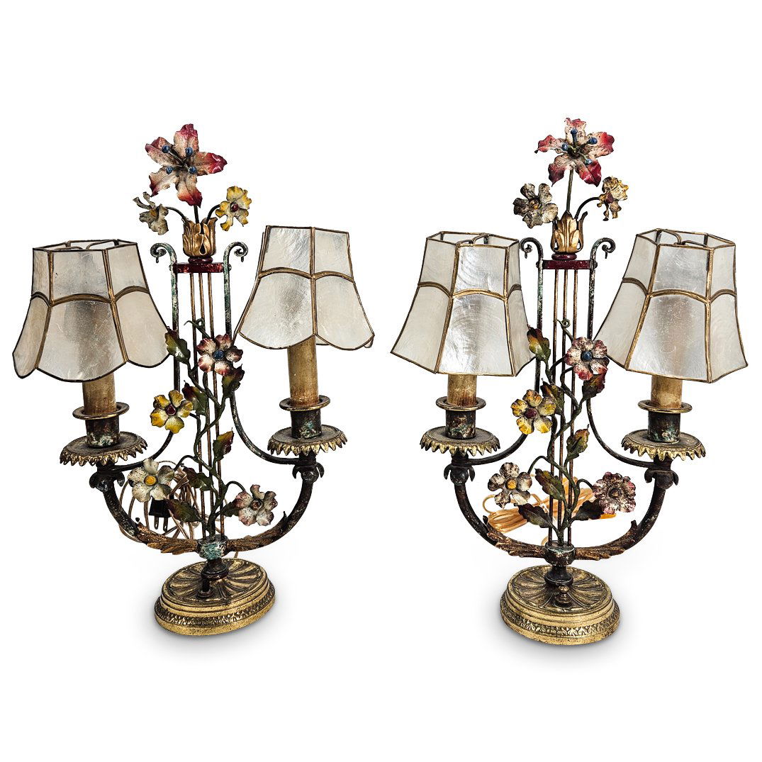 (2 Pc) Pair Of Vintage Floral Painted Metal Candelabra Table Lamps (1 of 9)