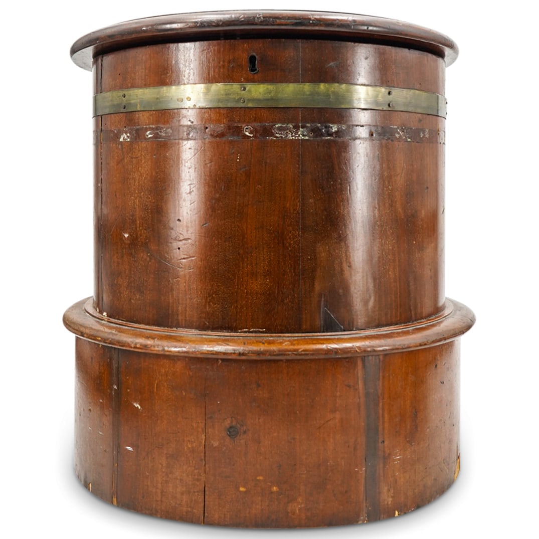 Antique English Regency Wine Cooler: DESCRIPTION: Antique English regency wood wine cooler. Featuring a hinged lid which opens to reveal four slots for storing wine bottles. CIRCA: 19th Century ORIGIN: England DIMENSIONS: H: 17" D: 16" C