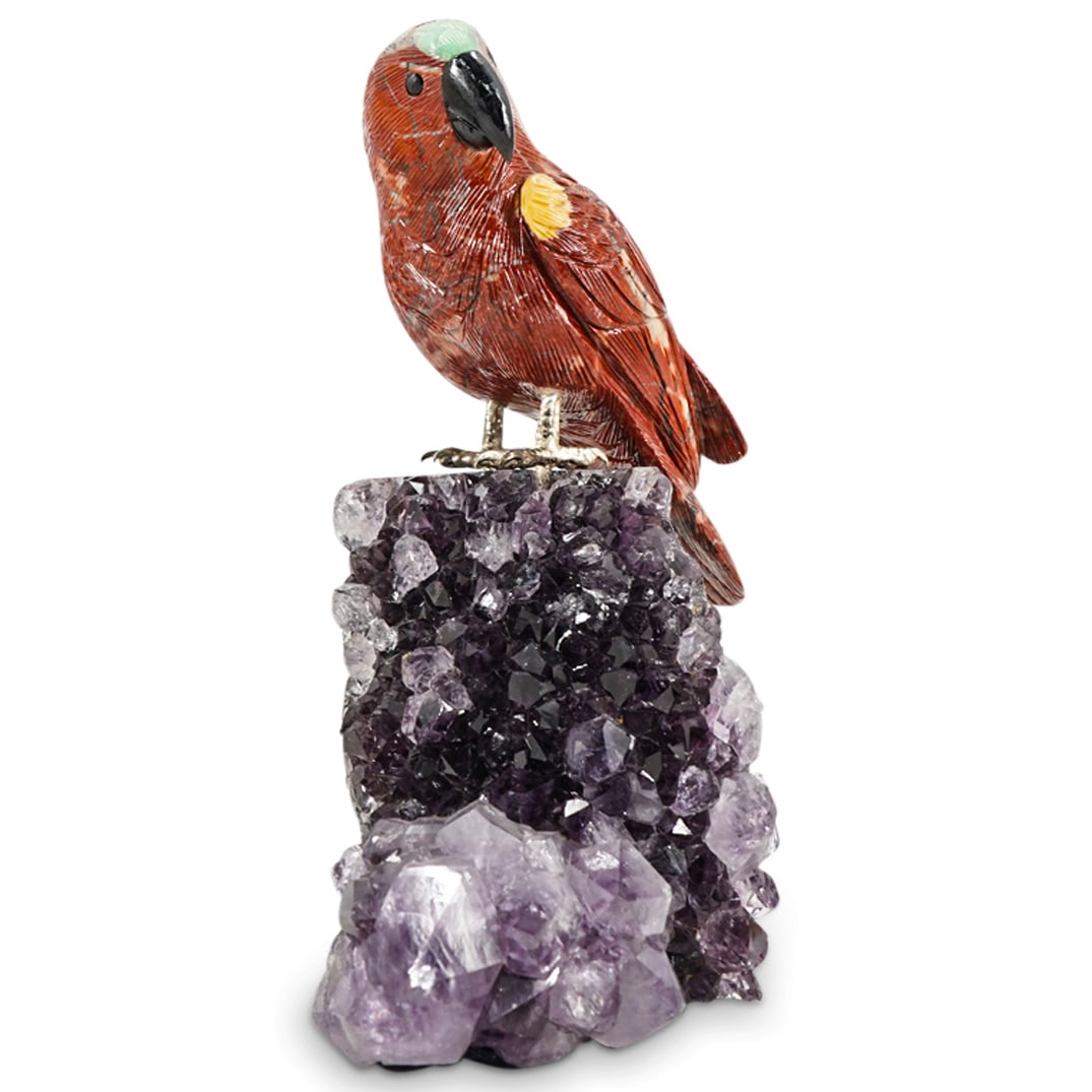 Carved Semi-Precious Stone Figure Of A Parrot Perched On A Amethyst Base (1 of 5)