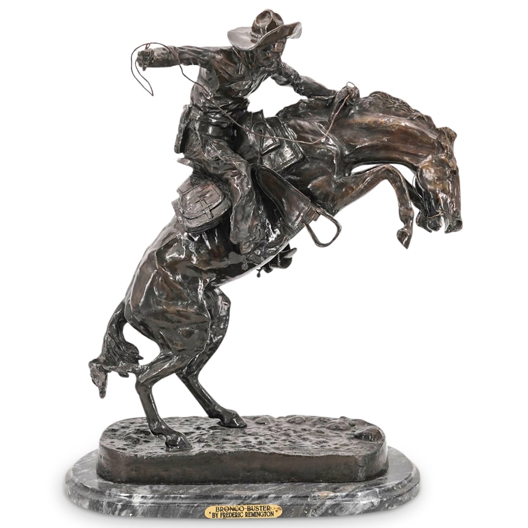 After Frederic Remington "Bronco Buster" Bronze Sculpture: DESCRIPTION: Bronze sculpture after Frederic Remington's "Bronco Buster" depicting a man riding atop a bucking horse. "Frederic Remington" on base. Mounted atop a stone base. CIRCA: 20th century or la