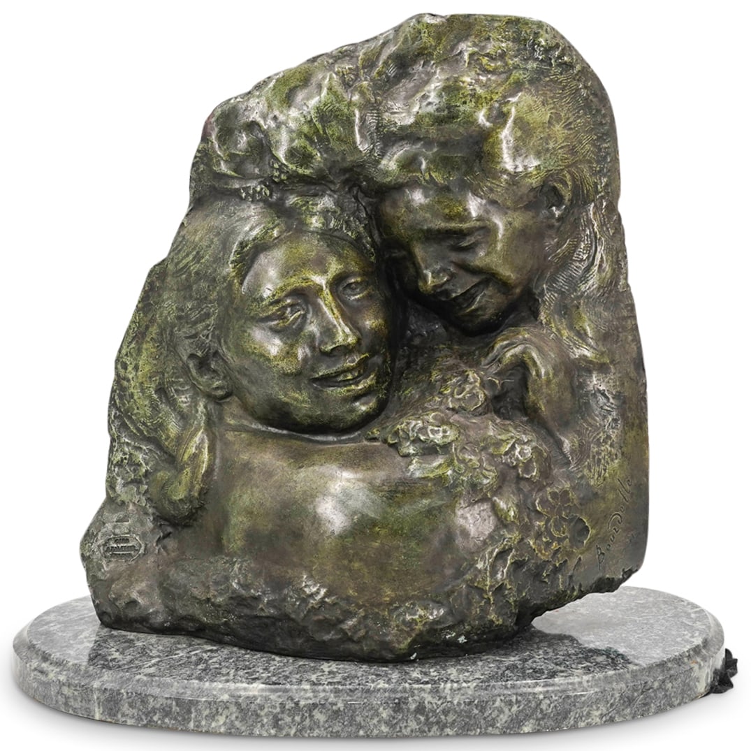 After Emile Antoine Bourdelle "Jeunesse (Masque)" Bronze Sculpture: DESCRIPTION: Bronze sculpture after Emile-Antoine Bourdelle "Jeunesse (Masque)" depicting two figures. Bears signature at bottom. Bears foundry mark at bottom. Mounted atop a stone base. CIRCA: 20th c