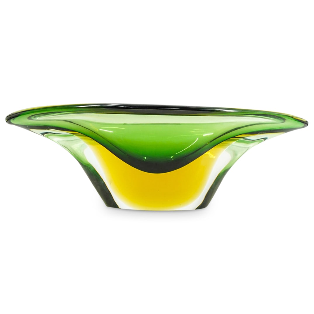 Flavio Poli Murano Sommerso Centerpiece Art Glass Vase: DESCRIPTION: Flavio Poli Murano Sommerso Centerpiece Art Glass Vase. In a translucent clear, amber and green hued glass combination. Designed with a marquise shape with elongated oval form and pointed