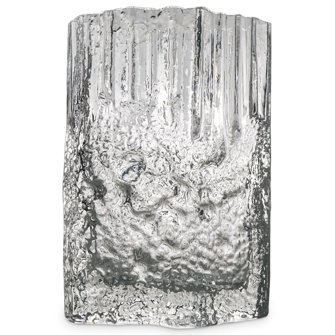 Tapio Wirkkala Iceberg Glass Vase: DESCRIPTION: A Tapio Wirkkala Iceberg glass vase featuring in an iceberg motif, acid etched along the underside "TW". CIRCA: 1960s-1970s ORIGIN: Finland DIMENSIONS: H: 9" W: 6.5" CONDITION: Great Cond