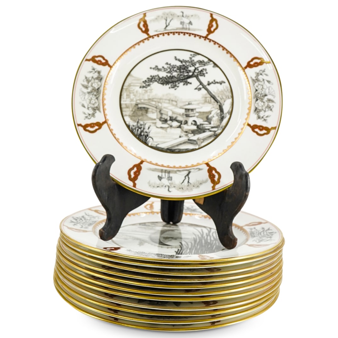 (12 Pc) 1938 Wedgwood Garden Club Of America Porcelain Plates: DESCRIPTION: Set of twelve porcelain plates by Wedgwood commemorating the 25th anniversary of their Garden Club of America, each featuring a different set of garden scenes from various cultures framed