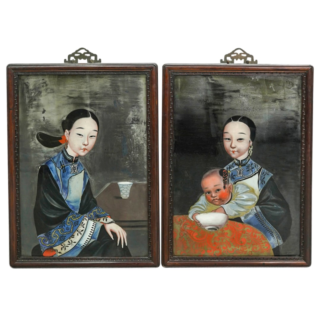 (2 Pc) Antique Chinese Reverse Paintings on Glass (1 of 8)