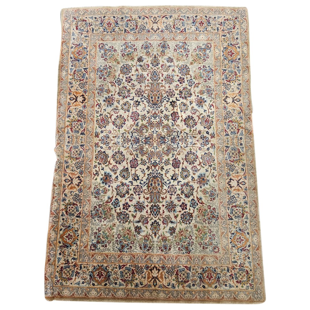 Antique Persian Silk Floral Rug: DESCRIPTION: Antique Persian rug woven from silk and featuring ornately crafted floral and foliage motifs and patterns throughout. CIRCA: 19th to early 20th Century ORIGIN: Iran DIMENSIONS: W: 42" L: 