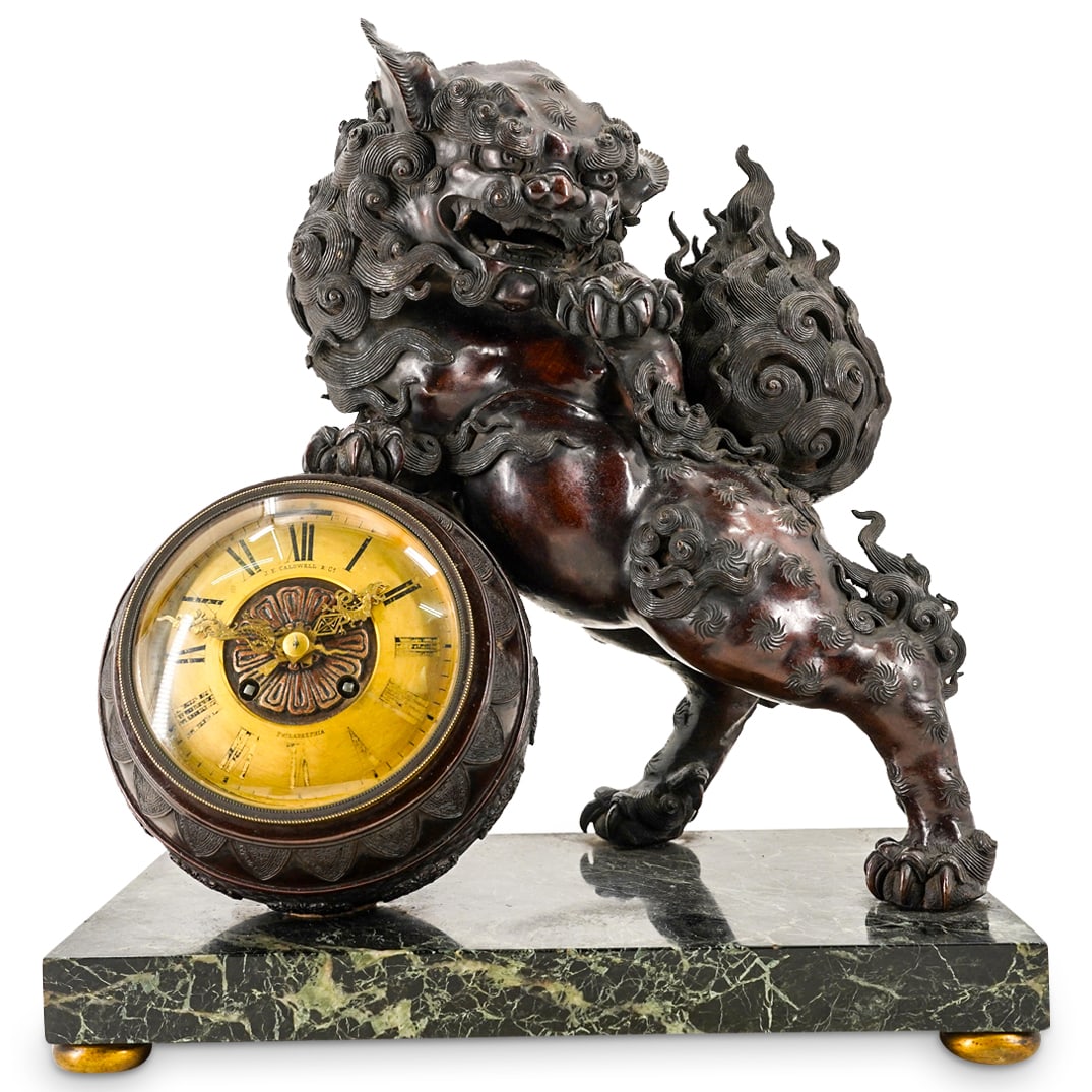 Antique Japanese Bronze ShiShi Dog W/ J.E. Caldwell & Co Clock On Marble Base (1 of 15)