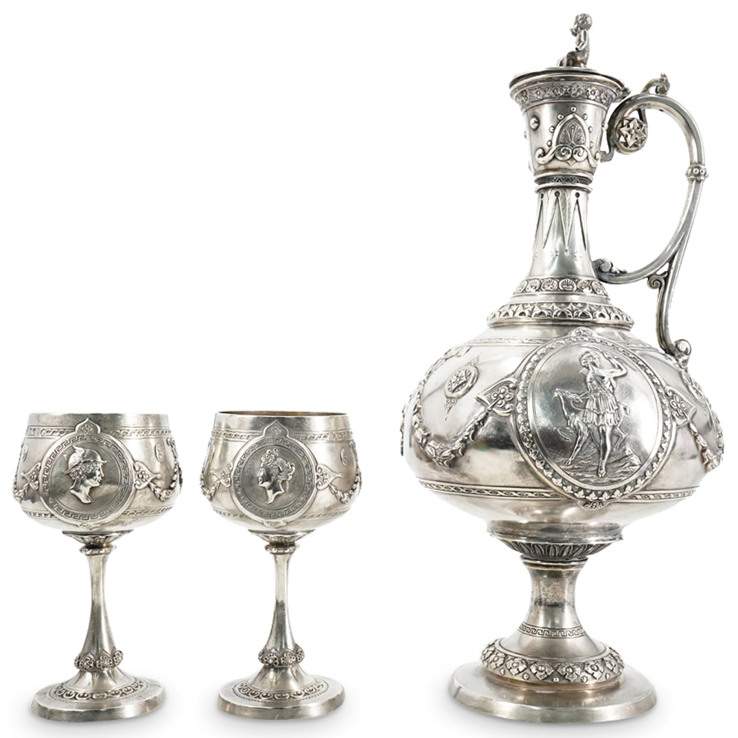 (3 Pc) Victorian Sterling Silver Claret Jug & Goblets: DESCRIPTION: Three pieces of Victorian sterling silver, each decorated with classical motifs: (1) Claret jug, mark of Frederick Elkington, London, 1871, decorated with swags, Diana holding a bow and g