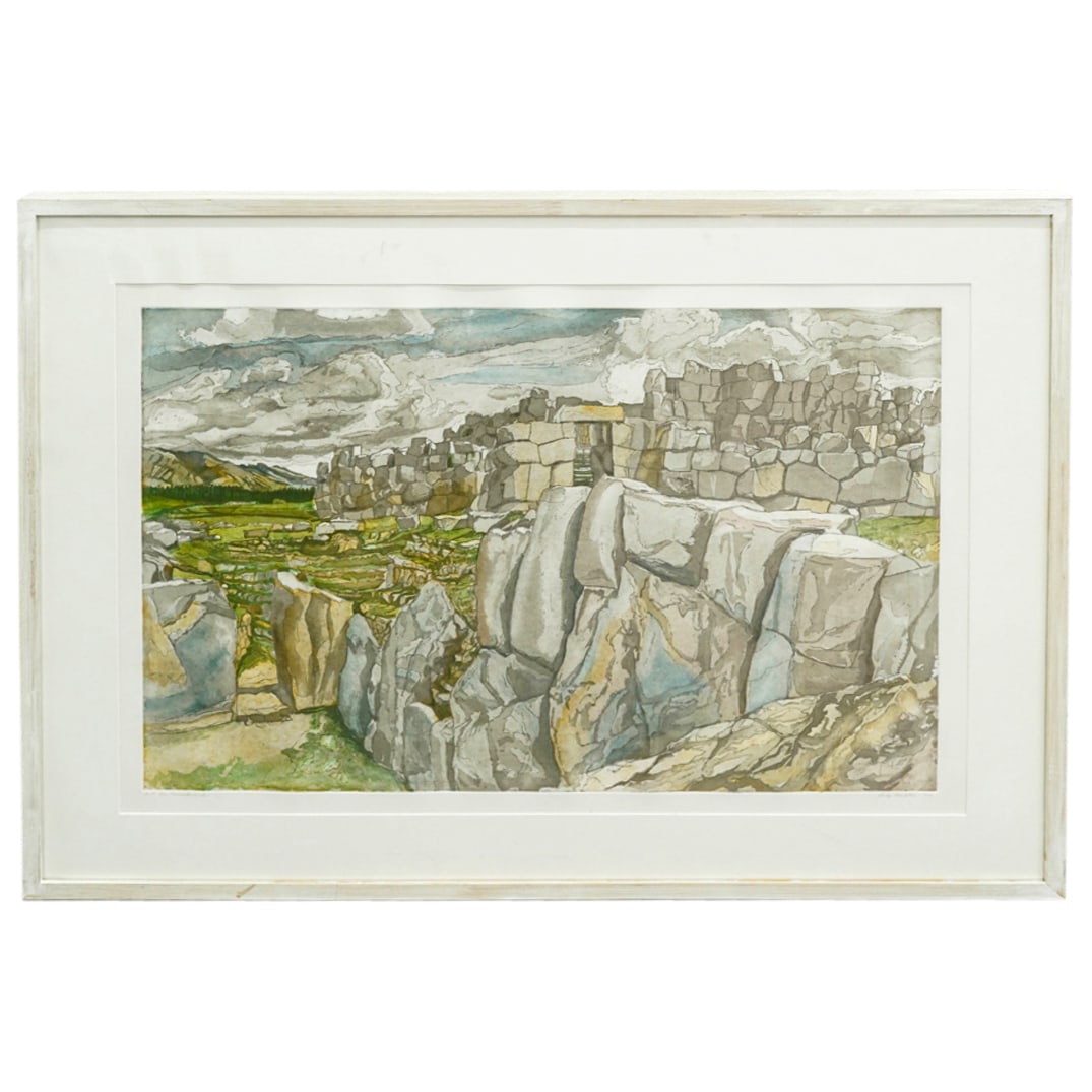 Philip Pearlstein (American, 1924-2022) 'Sacachuawan' Etching on Paper: DESCRIPTION: Philip Pearlstein (American, 1924-2022) 'Sacachuawan' etching on paper depicting a rocky landscape scene, edition and titled (Lower Left) 'A.P. 7/7, Sacachuawan' signed (Lower Right) 'Phi