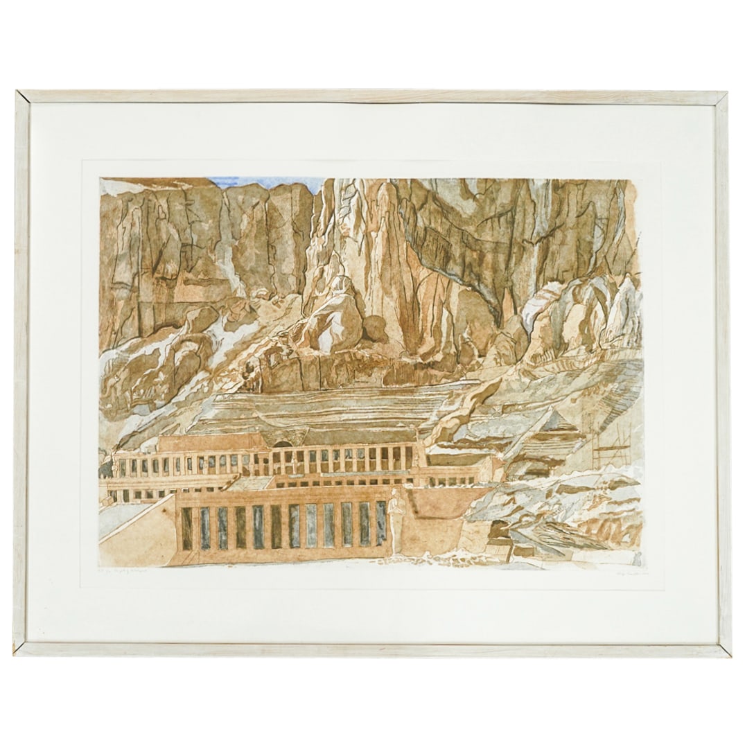 Philip Pearlstein (American, 1924-2022) 'Temple of Hotel' Etching on Paper: DESCRIPTION: Philip Pearlstein (American, 1924-2022) 'Temples at Hotel' etching on paper depicting a rocky landscape scene with temple, edition and titled (Lower Left) 'A.P. 7/7, 'Temples at Hotel' si