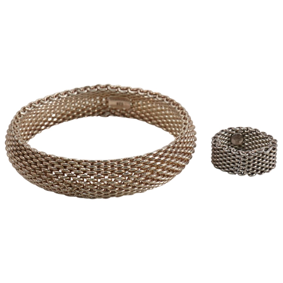 (2 Pc) Tiffany & Co. Sterling Silver Somerset Mesh Weave Bracelet & Ring Set (1 of 5)