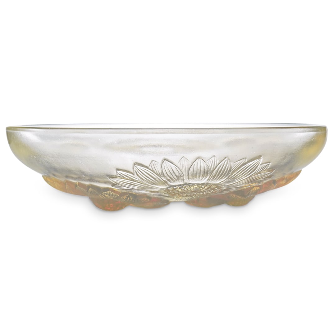 Rene Lalique "Vernon" Shallow Bowl: DESCRIPTION: Rene Lalique (French, 1860-1954). "Vernon" Shallow Bowl Decorated with 3 large sunflower and 3 smaller sunflower heads in opalescent glass supported on 3 seed pods Molded" R. Lalique Fran