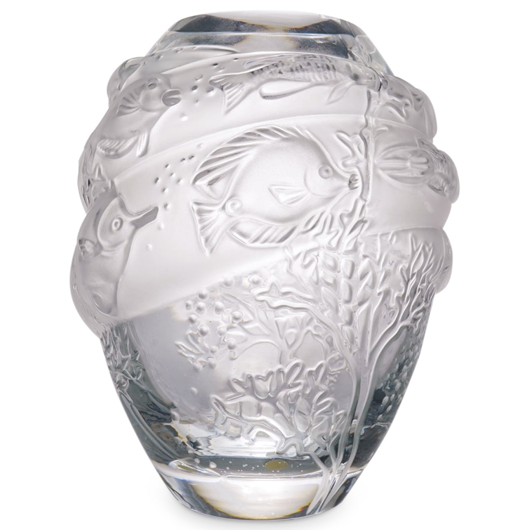 Lalique "Tarpon" Clear And Satin Crystal Vase: DESCRIPTION: Lalique "Tarpon" clear and satin crystal vase depicting scenes of aquatic life with 3 bands of fish swimming in currents through flowing ferns and fauna. Signed "Lalique France" in script