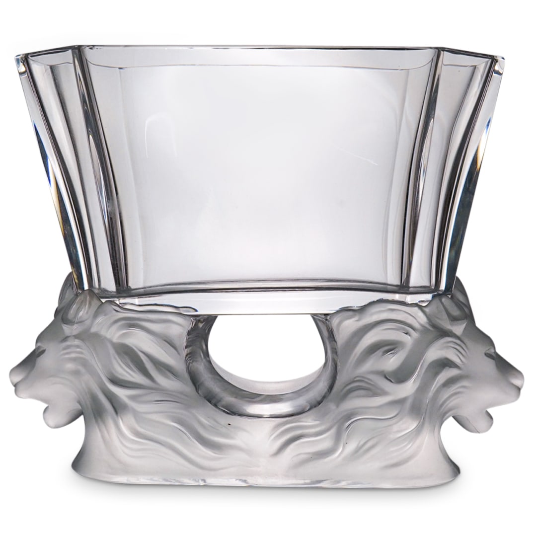 Lalique France Crystal "Venise" Vase In Clear And Frosty Glass: DESCRIPTION: Lalique France crystal "Venise" vase in clear and frosty glass with a Lions head on each end. Signed "Lalique France" in script on the bottom. CIRCA: 1980-1990 ORIGIN: France DIMENSIONS: 