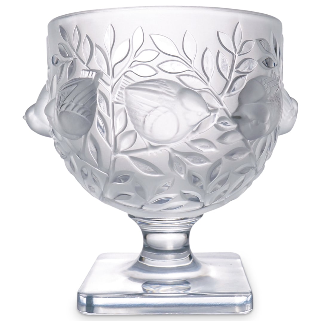 Lalique France Crystal "Elizabeth" Vase With 8 Sparrows/Lovebirds: DESCRIPTION: Lalique France crystal "Elizabeth" vase with 8 sparrows/lovebirds with stems and leaves all around in clear and frosty glass. Signed "Lalique France" in script on the bottom. CIRCA: 1980 