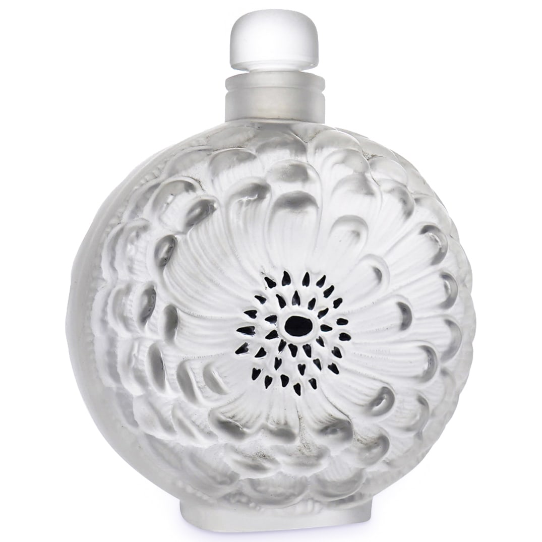 Lalique France"Dahlia" Clear And Frosty Crystal Perfume Bottle: DESCRIPTION: Lalique France"Dahlia" clear and frosty crystal perfume bottle. Decorated with a large Dahlia flower on both sides with black enameled stamens. Acid etched "Lalique France" on the bottom.