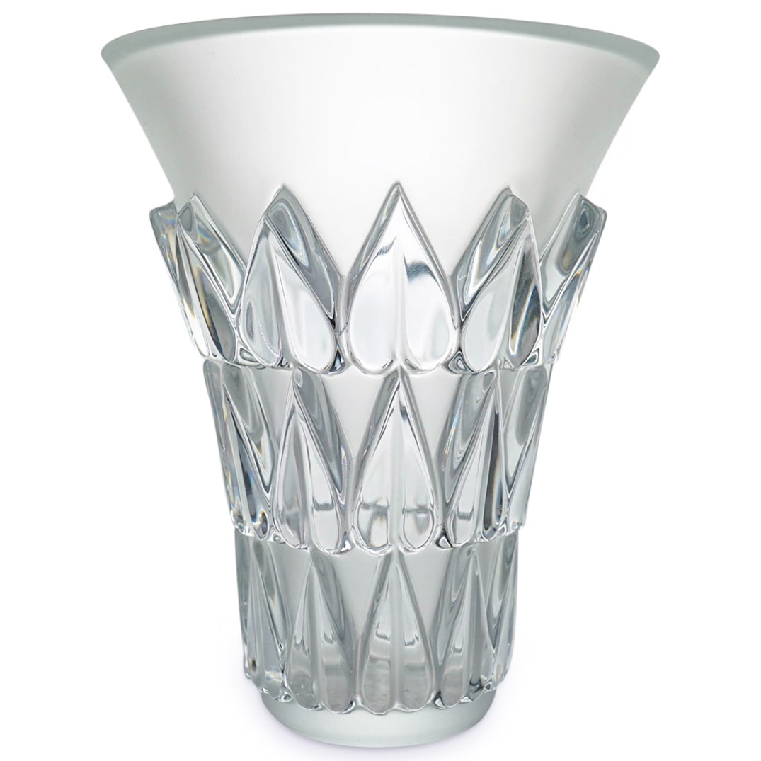 Lalique "Feuilles" vase in clear and frosty glass: DESCRIPTION: Lalique "Feuilles" vase in clear and frosty glass. Designed with 3 bands of graduating sizes hearts all around. Signed "Lalique France" in script on he bottom. REFERENCE: R. Lalique by Fe