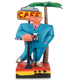 Markus Pierson 'Sunset Cafe' Sculpture: DESCRIPTION: Markus Pierson 'Sunset Cafe' vibrant sculptural art, composed of vibrant painted wood and resin, featuring Pierson's iconic personified camel, posed in suit in a cafe setting. Signed and