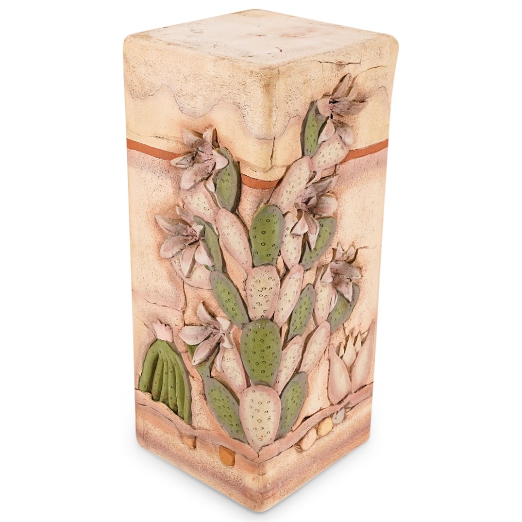 John Davis Southwestern Ceramic Pedestal: DESCRIPTION: John Davis ceramic southwestern style pedestal with pastel painted cactus and desert design. Signed: 'J. Davis' CIRCA: 20th Cent. ORIGIN: USA DIMENSIONS: H: 25" x Dia: 14.5" CONDITION: Gr