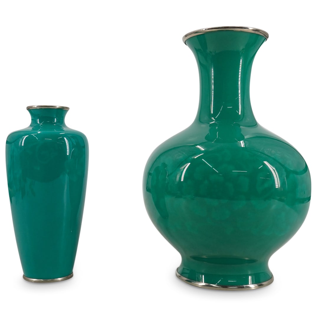 (2 Pc) Signed Ando Jubei Japanese Green Cloisonne Vases (1 of 9)