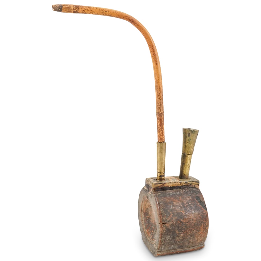 Antique Chinese Rare Carved Wood & Brass Smoking Water Pipe (1 of 11)