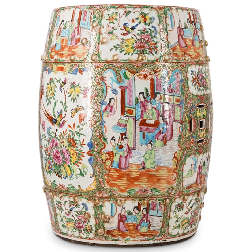 Antique Chinese Rose Medallion Porcelain Garden Seat: DESCRIPTION: Antique Chinese famille rose export porcelain garden seat, of drum form, decorated with floral, foliage, bird, and butterfly motifs and figural scenes, the top half of the border for the