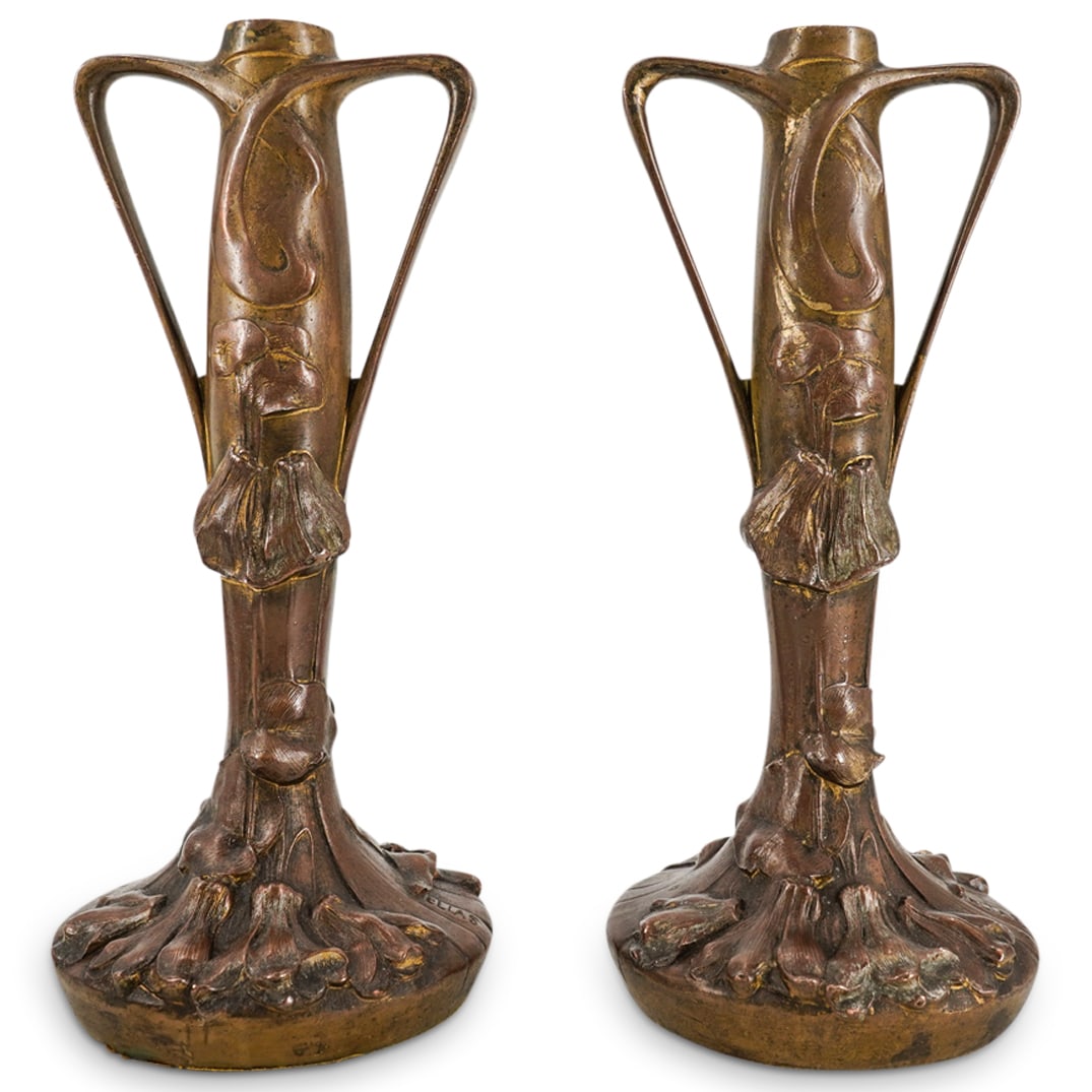 Pair of Art Nouveau Mixed Metal Vases Attributed To Robert Elias: DESCRIPTION: Two matching mixed metal vases after Louis Valentin Robert (a.k.a. Robert Elias), each featuring floral and foliage designs around base and stem. Each piece bears "ELIAS" signature on bas