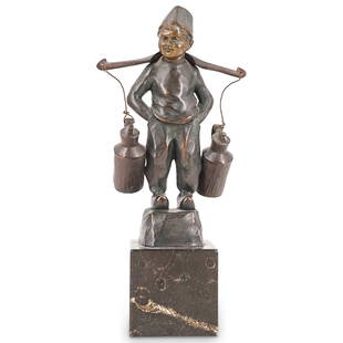 Hans Keck, (German, 1875-1941). Figure of a young boy with 2 jugs: DESCRIPTION: Hans Keck, (German, 1875-1941). Bronze figure of a young man with two jugs hanging on a rod to his back mounted on a square marble base. Signed "H. Keck" to the bronze. CIRCA: Late 19th c