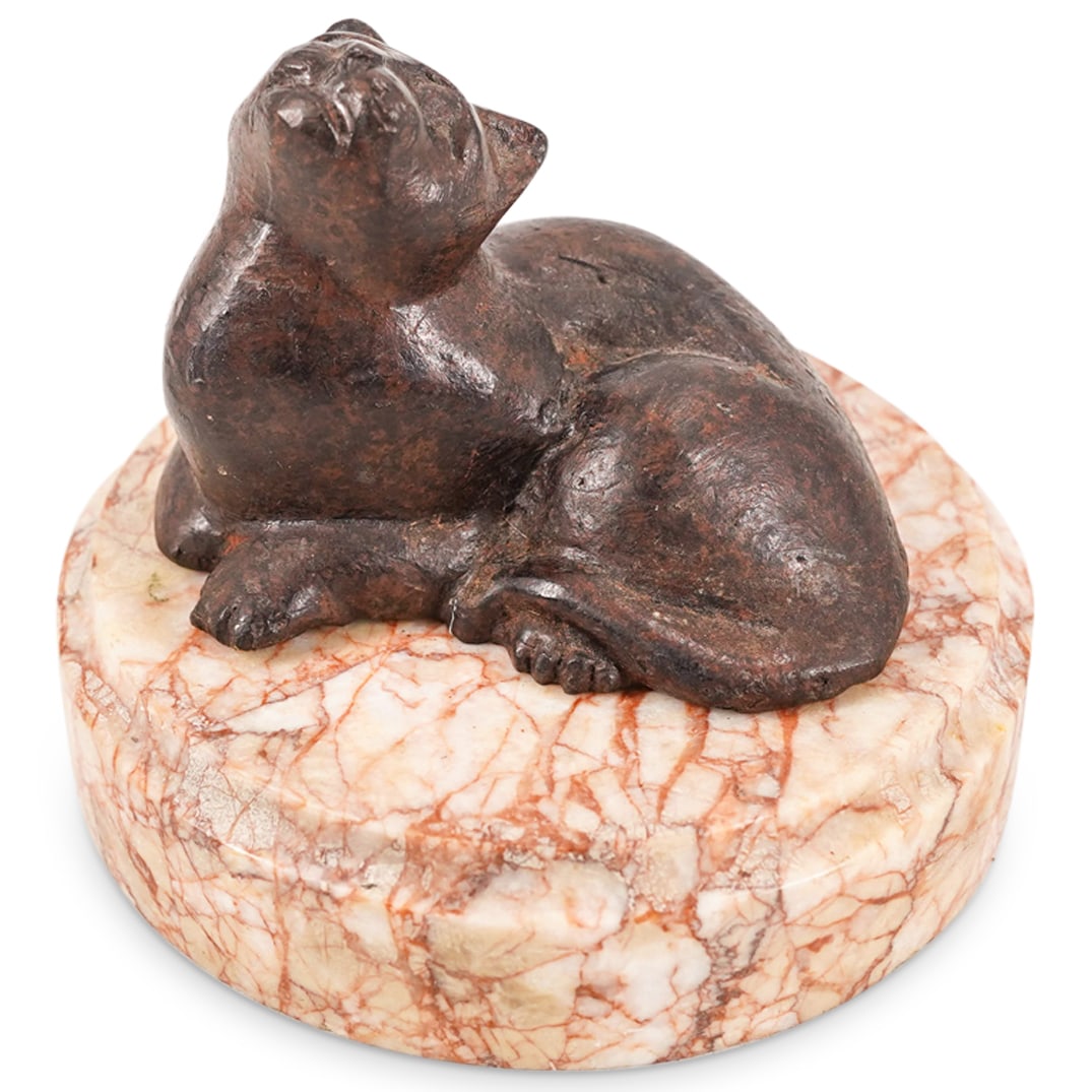 Bronze Cat Mounted On a Round Rose Marble Base (1 of 11)