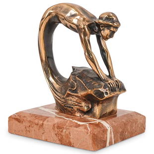 Signed Bronze Figural Bronze on Marble Base: DESCRIPTION: Bronze gold gilt figurine of a woman kneeling and her hands upon a rock with waves washing up against her. Signed "Masriera" in the bronze. Mounted to a rose veined beveled base. CIRCA: L