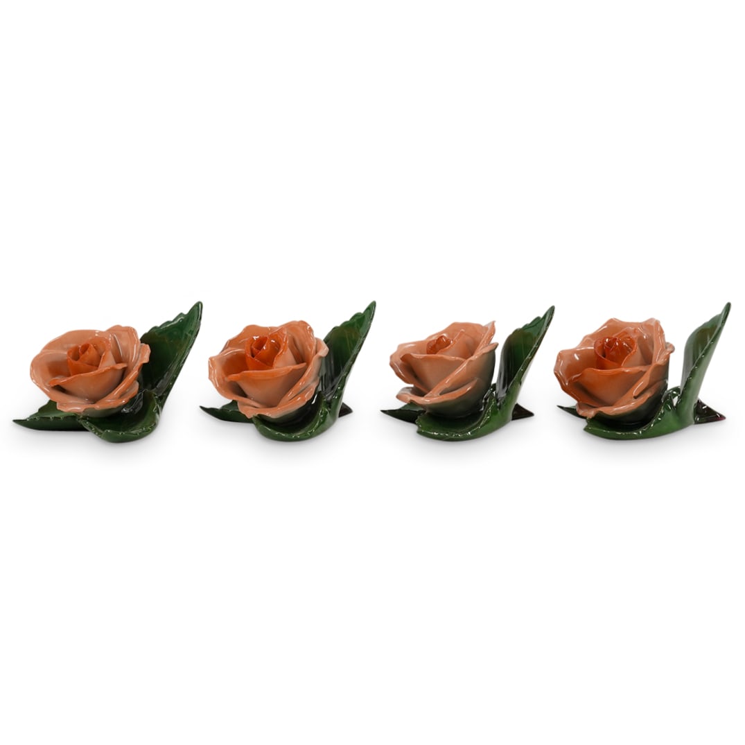 (4 Pc) Herend Porcelain "Rose On Leaf" Card Holders Set (1 of 5)