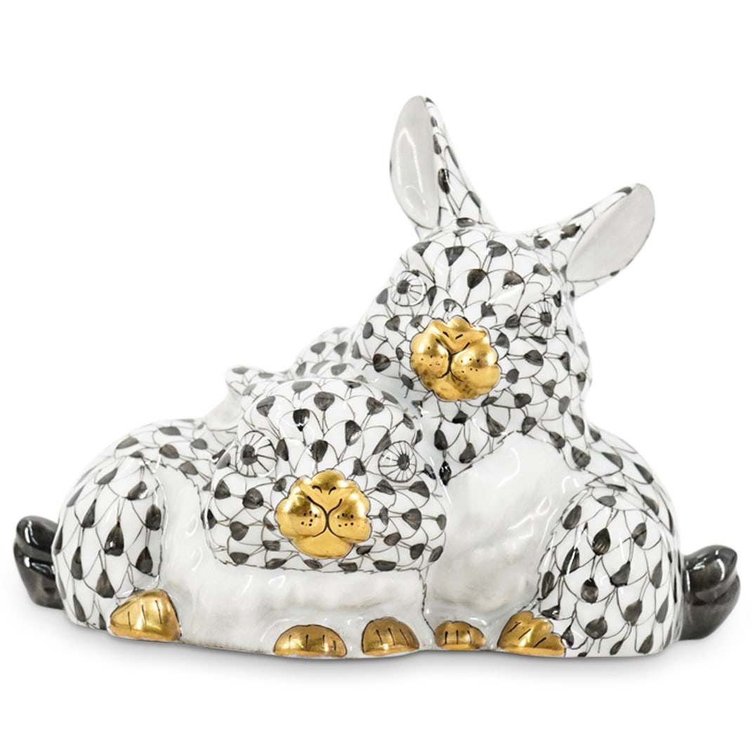 Herend Porcelain "Cuddly Rabbits" Black Fishnet Figurine (1 of 4)