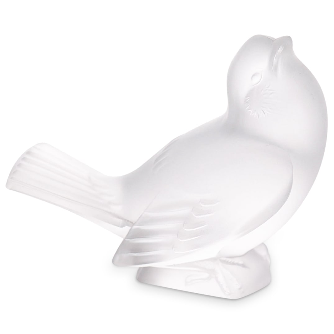 Lalique Crystal Glass Sparrow: DESCRIPTION: Lalique frosted crystal glass figurine depicting a sparrow looking up. Incised "Lalique France" on underside. CIRCA: 20th Century ORIGIN: France DIMENSIONS: H: 3.5" W: 3" L: 4.25" CONDITI
