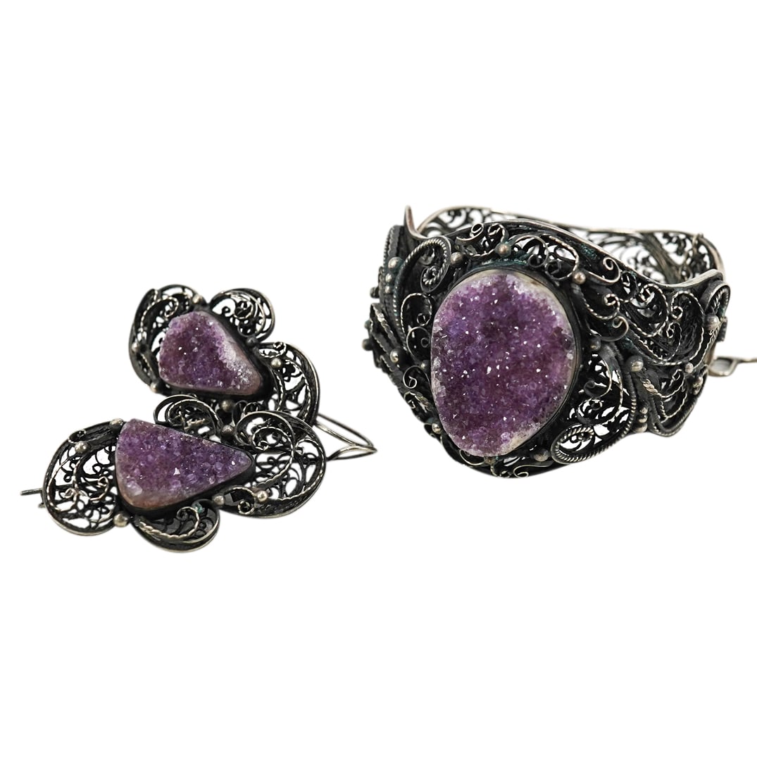 (3 Pc) Silver Plated Amethyst Bracelet & Earrings Set (1 of 14)