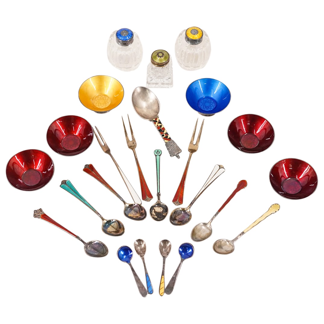 (24 Pc) Denmark & Norway Sterling Silver Enamel Salt Pepper Cellars W/ Spoons Set (1 of 20)