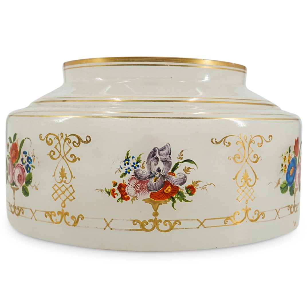 Antique French Opaline Glass Oil Lamp Bowl: DESCRIPTION: Antique opaline glass bowl for oil lamp featuring floral and foliage motifs punctuated by gilt foliage and infinite knot patterns. CIRCA: Late 19th to early 20th Century ORIGIN: France DI