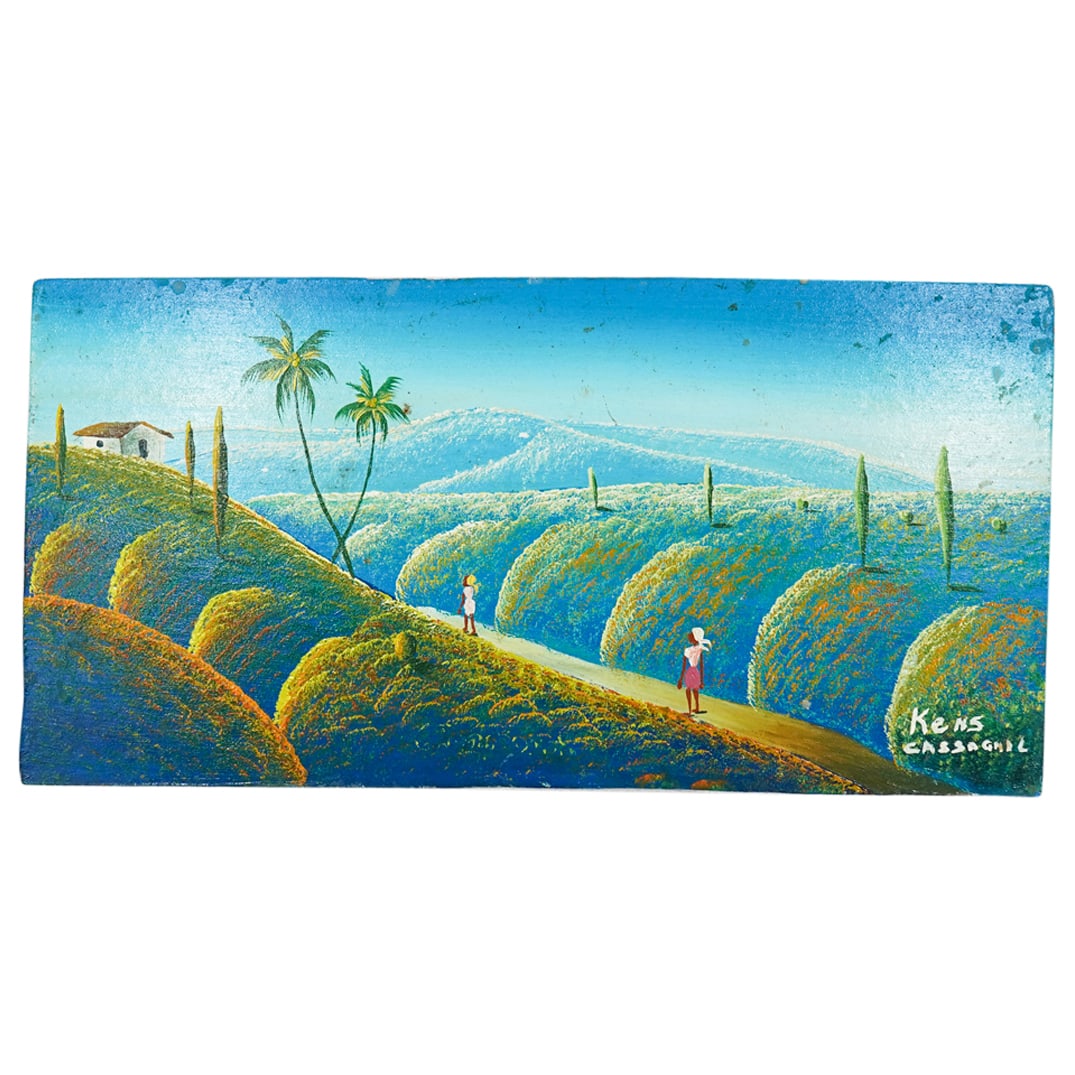 Kens Cassagnol (Haitian, B. 1965) Oil On Masonite: DESCRIPTION: Oil on masonite painting by Kens Cassagnol (Haitian, n. 1965) depicting a landscape with two figure. Signed "Kens Cassagnol" at lower right. CIRCA: Late 20th - Early 21st century ORIGIN: