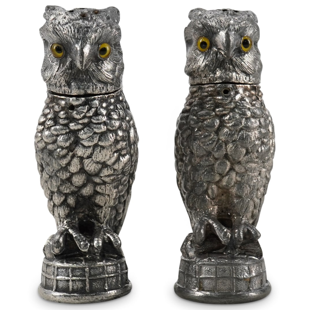 (2 Pc) Antique Derby Silver Co. Silver Plated Owl-Shaped Salt & Pepper Shakers (1 of 5)
