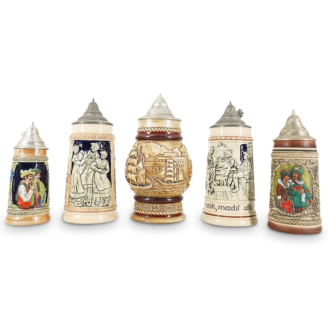 (5 Pc) German And German Style Metal Lidded Ceramic Steins (1 of 16)