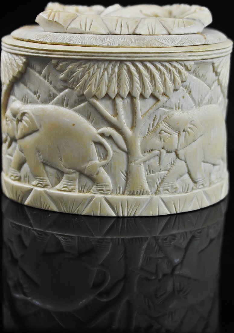 Antique African carved ivory box: DESCRIPTION: Antique African carved ivory box in a jungle and elephant motif. This item has been damaged and needs a little repair on the top of the box. CIRCA: 1920s MADE IN: Africa DIMENSIONS: H:3.5