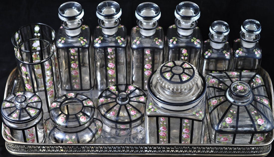 Art deco enamel painted glass bar set with tray: DESCRIPTION: Complete art deco glass bar set with original tray. Thirteen pieces total. Each piece has hand painted pink enamel roses on the sides and the lids. Black enamel stripes around the rims an