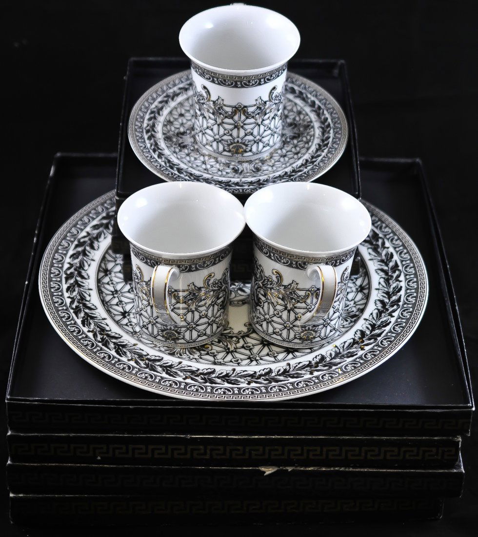 Set of 25 Rosenthal by Versace "Marqueterie": DESCRIPTION: Set of 25 "Marqueterie" Rosenthal porcelain dinner set by famous Italian designer Versace. 4 extra large plates (12.25" in diameter). 4 large plates (10:50" in diameter) 4 medium plates (