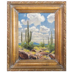 Robert Peters (American, B. 1960) "Saguaro Skies" Oil On Panel: DESCRIPTION: Oil on panel painting by Robert Peters (American, b. 1960) entitled "Saguaro Skies" depicting a desert landscape with cacti. Signed "Robert Peters" at lower left. On reverse of panel: "[c