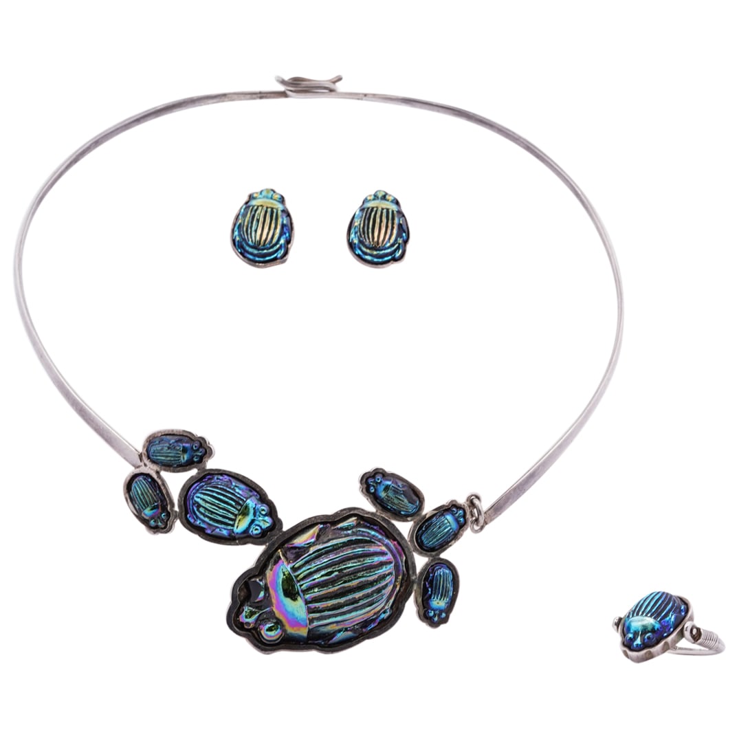 (4 Pc) Tiffany and Favrile Glass Scarab and Sterling Silver Jewelry Set (1 of 7)