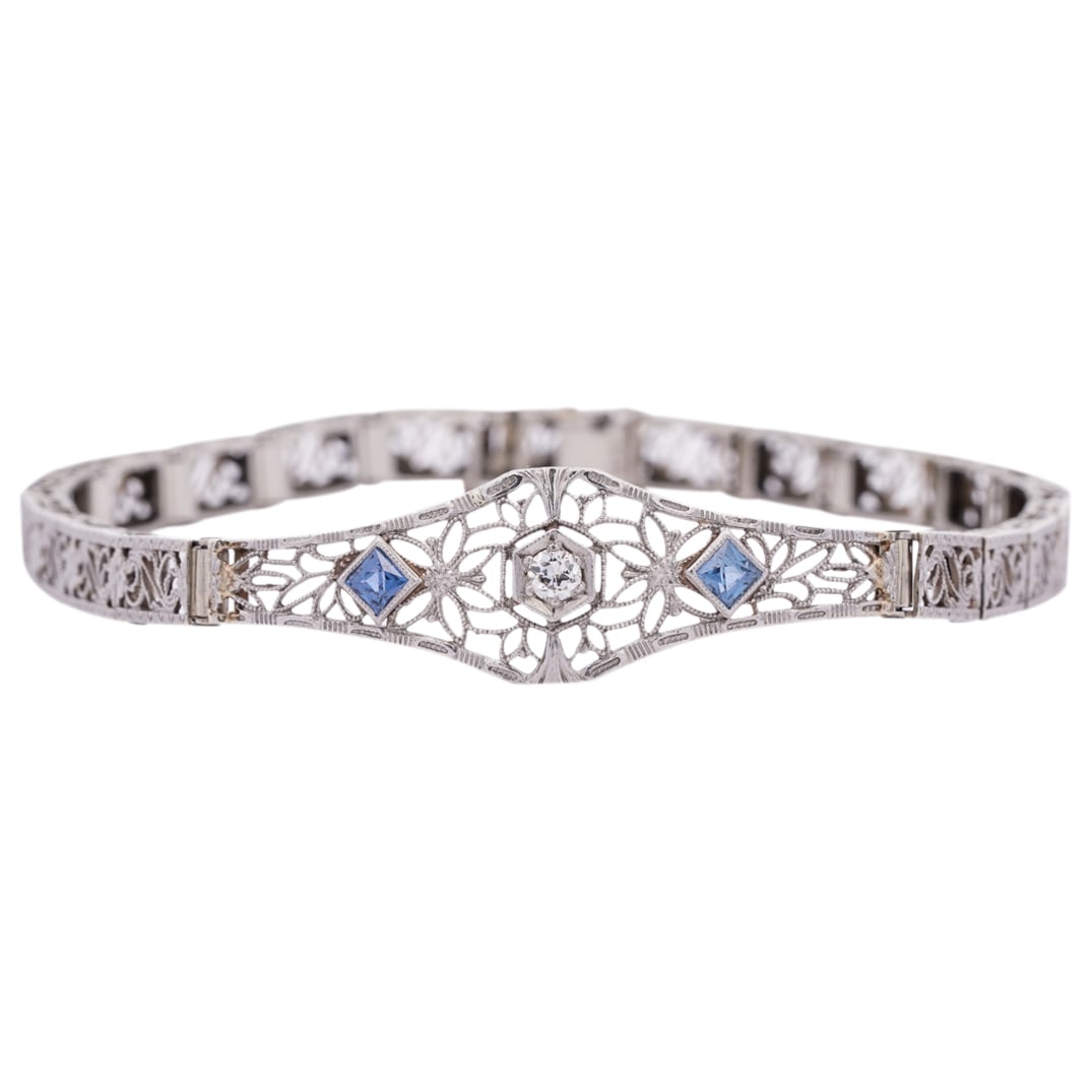 Art Deco 14k Gold, Diamond and Sapphire Filigree Bracelet (1 of 5)
