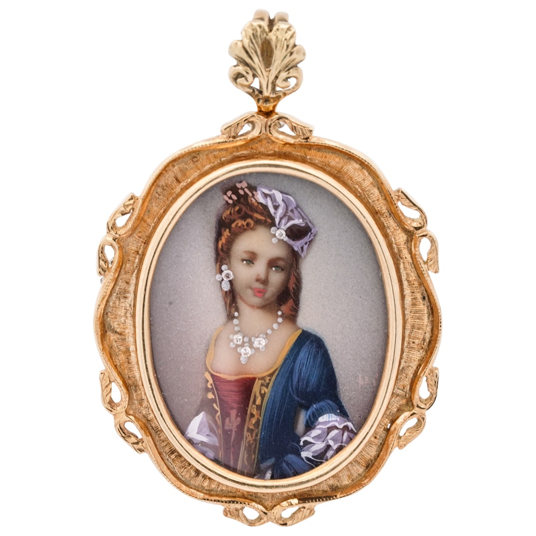Fine Italian 14k Gold, Diamond Painted Portrait Brooch (1 of 3)