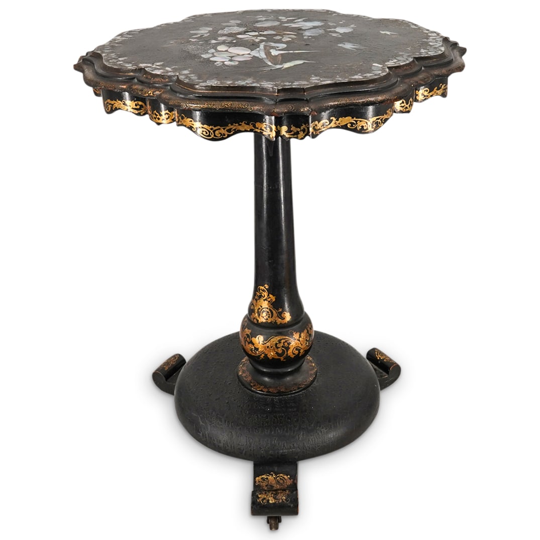 19th C. Victorian Lacquered Papier Mache And Mother Of Pearl Tilt Top Table (1 of 20)