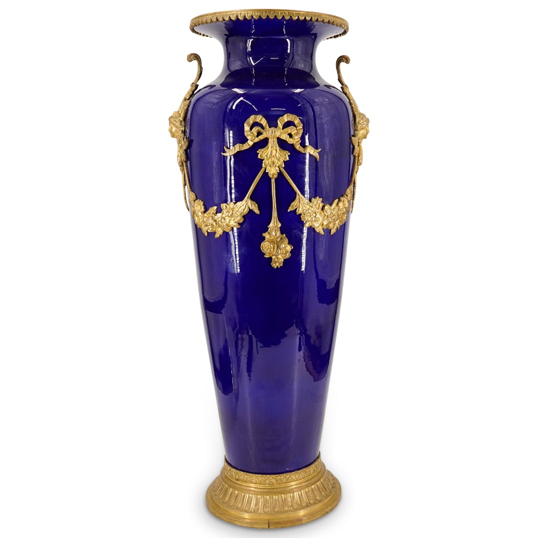 Large Gilt-Bronze Mounted Sevres-Style Cobalt Blue Porcelain Vase (1 of 9)